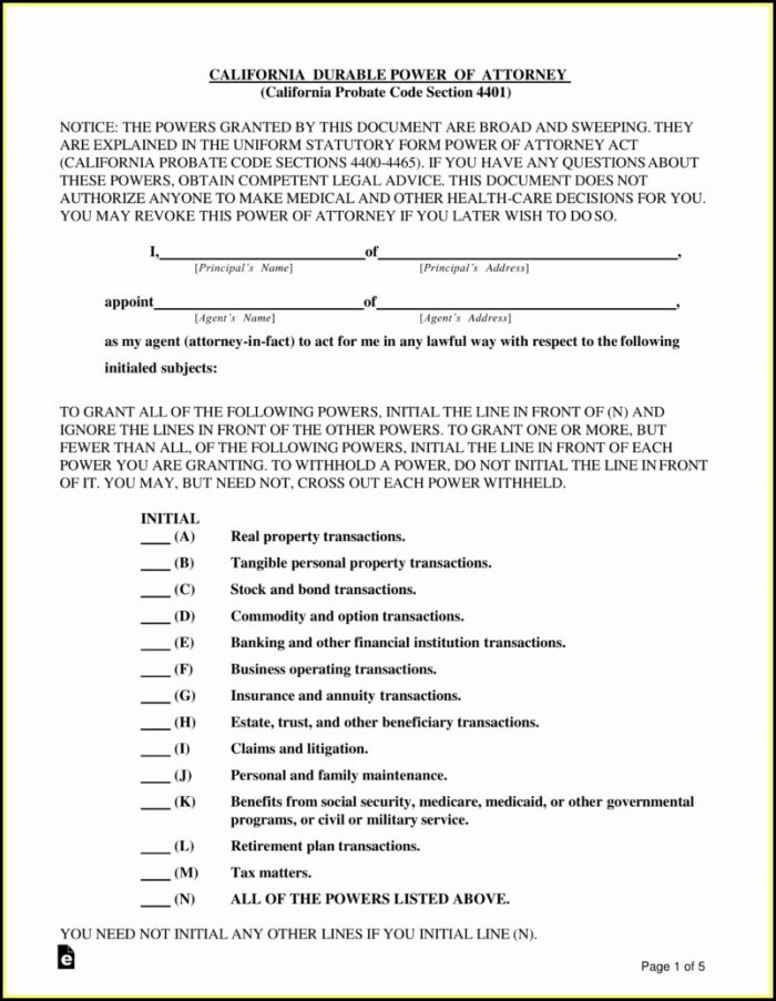 Durable Power Of Attorney California Form Pdf Durable Power Of Attorney California Form Pdf