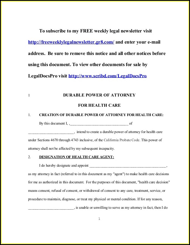Durable Power Of Attorney Form California Health Care Durable Power Of Attorney Form California Health Care