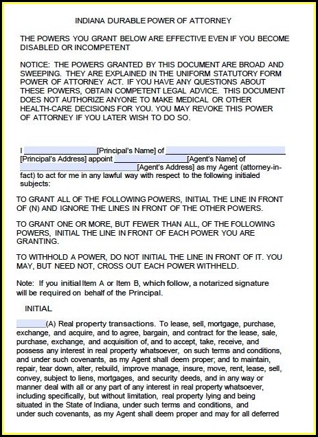 Free Durable Power Of Attorney Form Indiana Free Durable Power Of Attorney Form Indiana