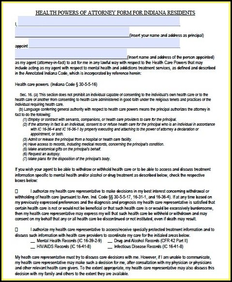 Free Medical Power Of Attorney Form Indiana Free Medical Power Of Attorney Form Indiana