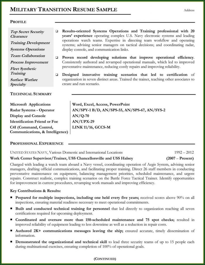 Military Mos To Civilian Resume Military Mos To Civilian Resume