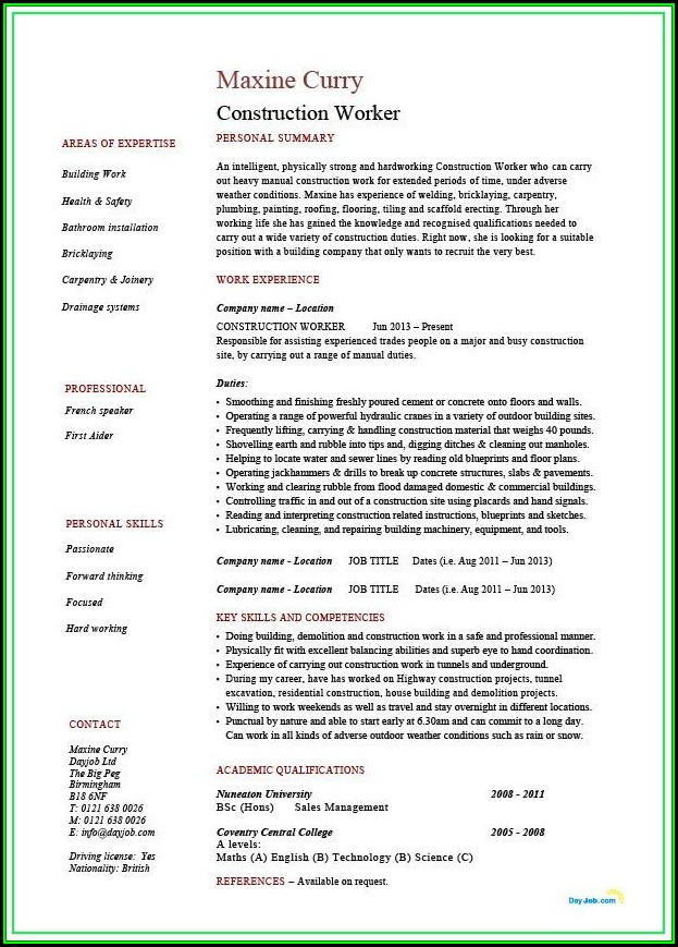 Printable Sample Resume For Construction Worker Printable Sample Resume For Construction Worker