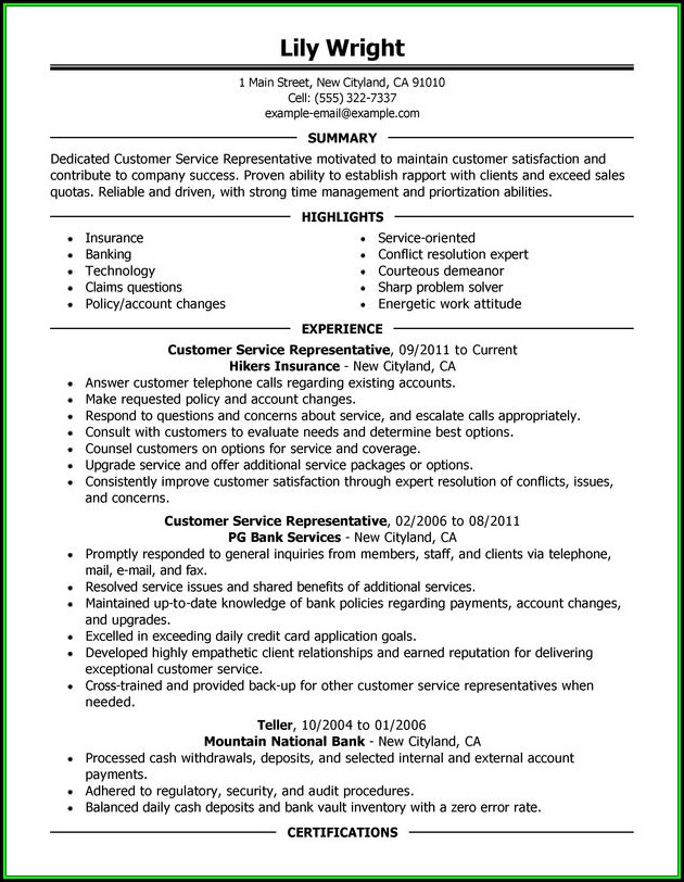 Resume Example For Customer Service Resume Example For Customer Service