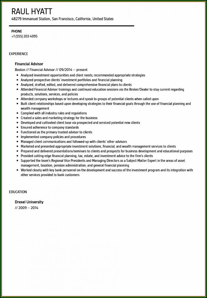Resume For Financial Advisor With No Experience Resume For Financial Advisor With No Experience