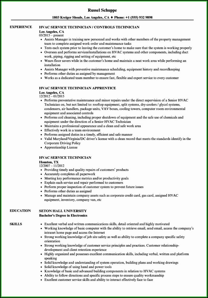 Resume For Hvac Service Technician Resume For Hvac Service Technician