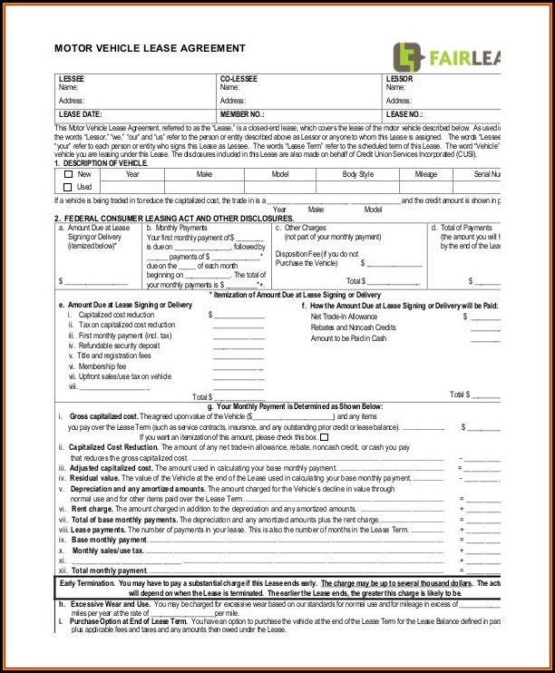 Motor Vehicle Lease Agreement Form Motor Vehicle Lease Agreement Form