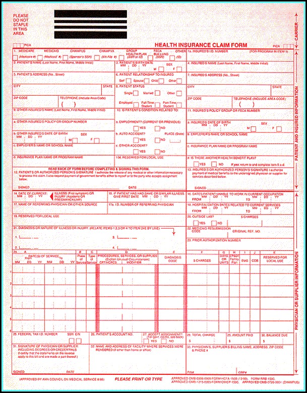 Medical Claim Form Cms 1500 Medical Claim Form Cms 1500
