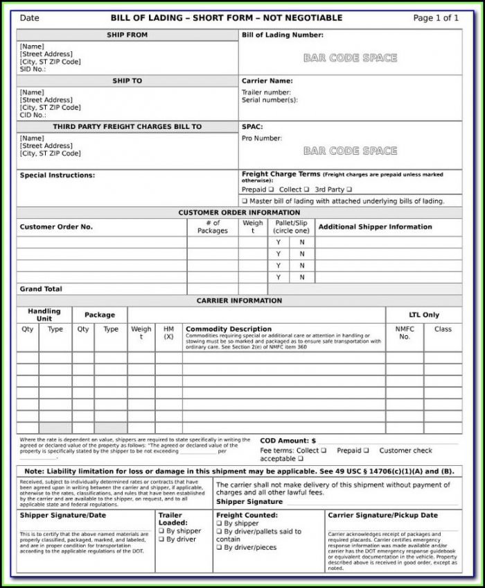 Printable Bill Of Lading Forms Free Printable Bill Of Lading Forms Free