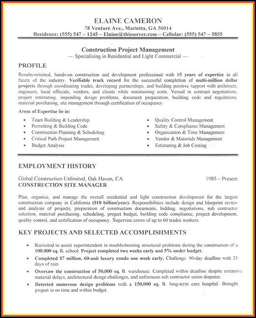 Resumes For Project Managers In Construction Resumes For Project Managers In Construction