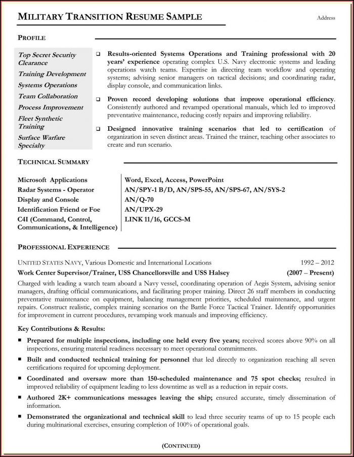 Resumes For Veterans Samples Resumes For Veterans Samples