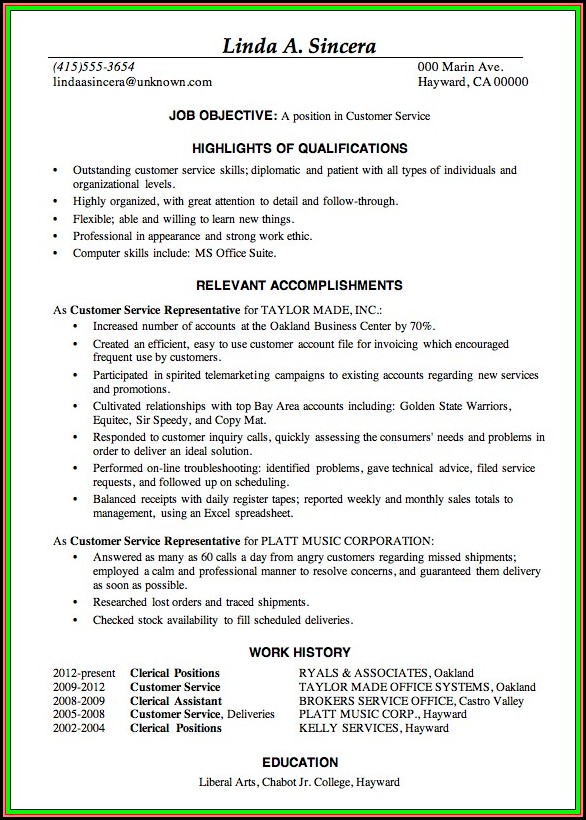 Sample Of Resume For Customer Service Position Sample Of Resume For Customer Service Position