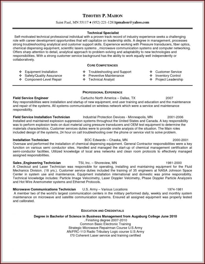Sample Resume For Field Service Technician Sample Resume For Field Service Technician