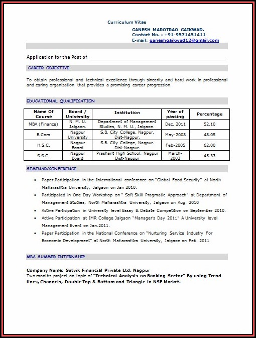 Sample Resume For Mba Freshers Doc Sample Resume For Mba Freshers Doc