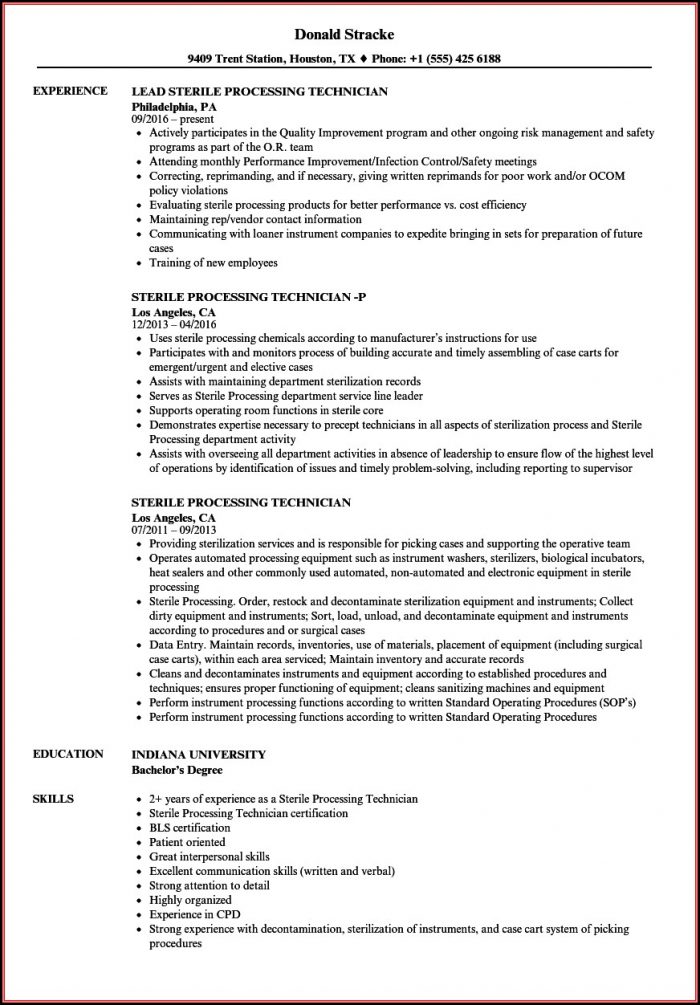 Sample Resume For Sterile Processing Technician Sample Resume For Sterile Processing Technician