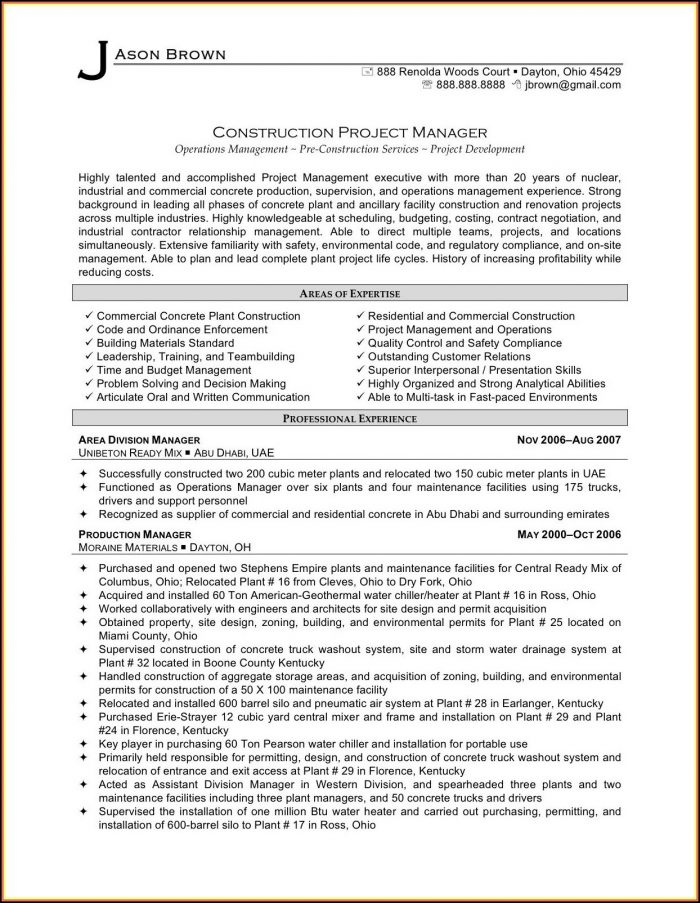 Sample Resumes For Project Managers In Construction Sample Resumes For Project Managers In Construction