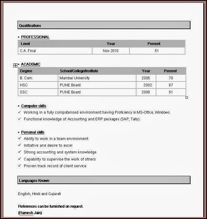 Simple Resume Format Word For Fresher Simple Resume Format Word For Fresher