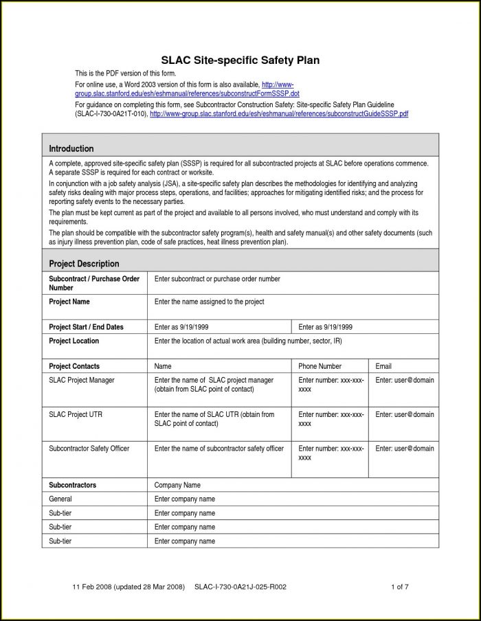 Site Specific Safety Plan Template Free Site Specific Safety Plan Template Free