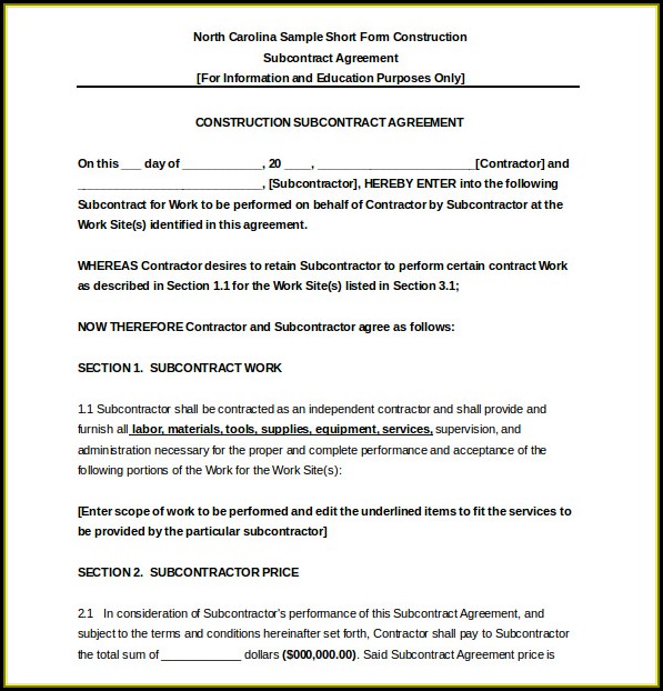 Subcontractor Agreement Sample Construction Subcontractor Agreement Sample Construction