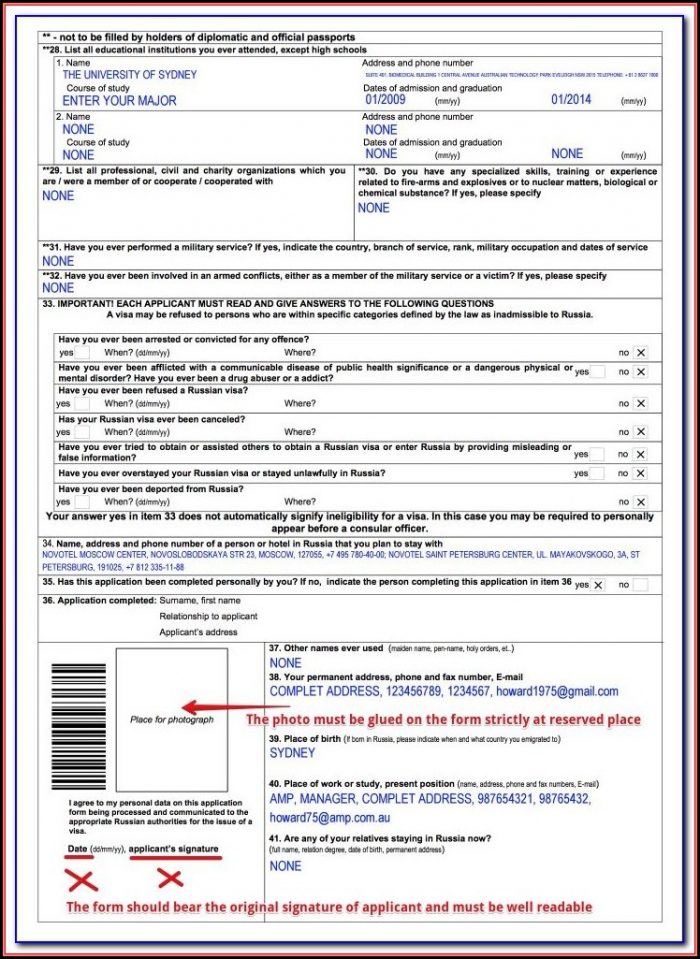 Application Form For Russian Tourist Visa Application Form For Russian Tourist Visa