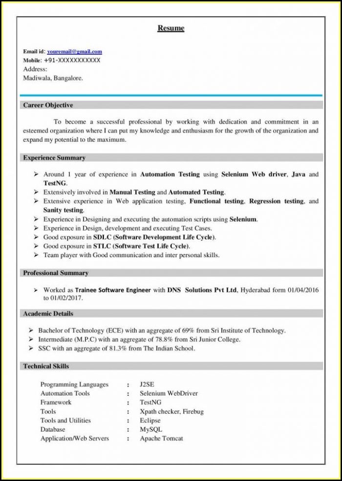 Best Resume For Software Testing Freshers Best Resume For Software Testing Freshers