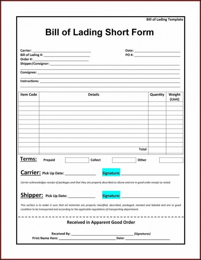 Bill Of Lading Short Form Template Bill Of Lading Short Form Template