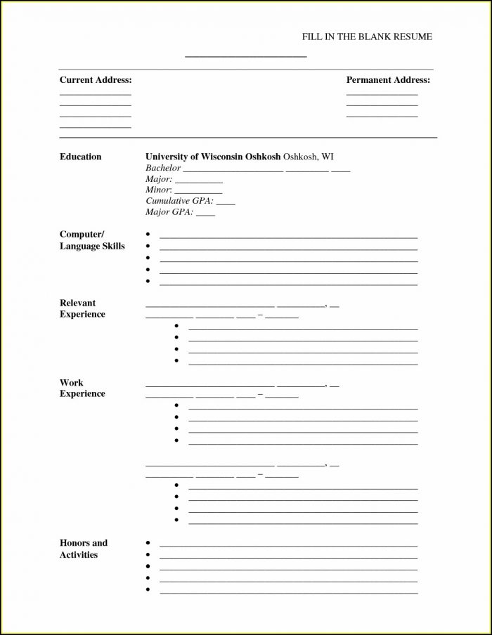 Blank Fill In Resume Templates Blank Fill In Resume Templates