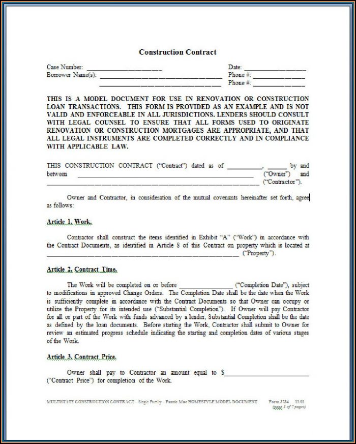 Free Printable Construction Contract Template Free Printable Construction Contract Template