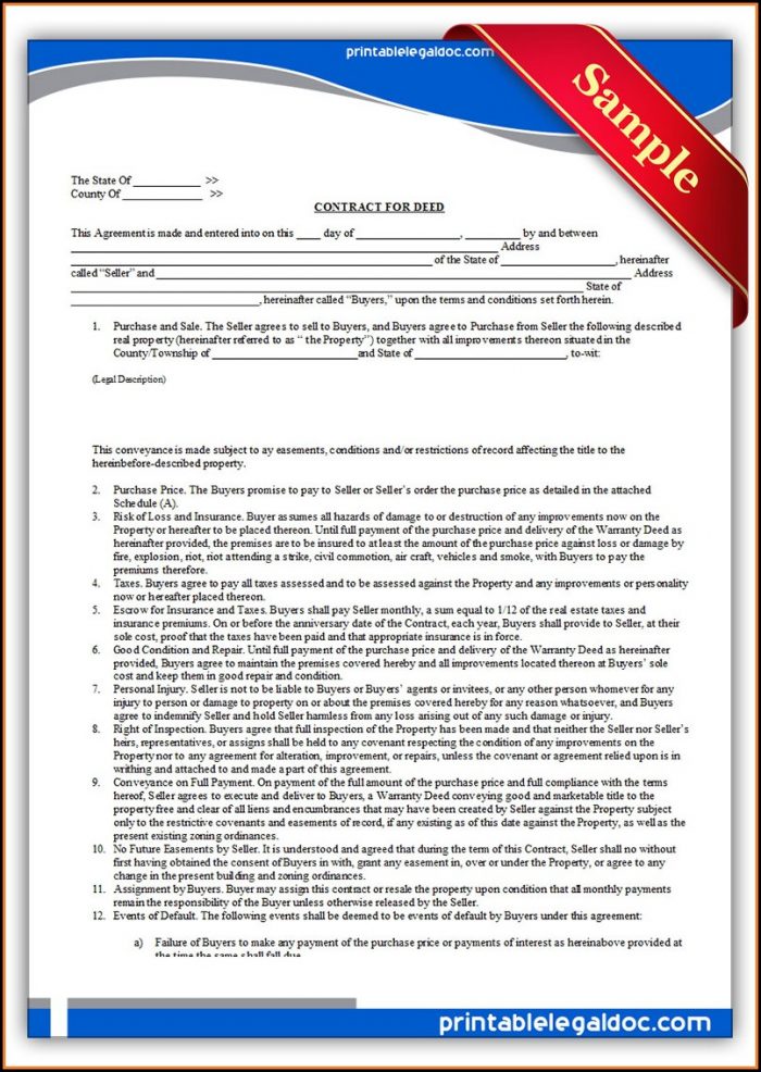 Free Printable Contract For Deed Template Free Printable Contract For Deed Template
