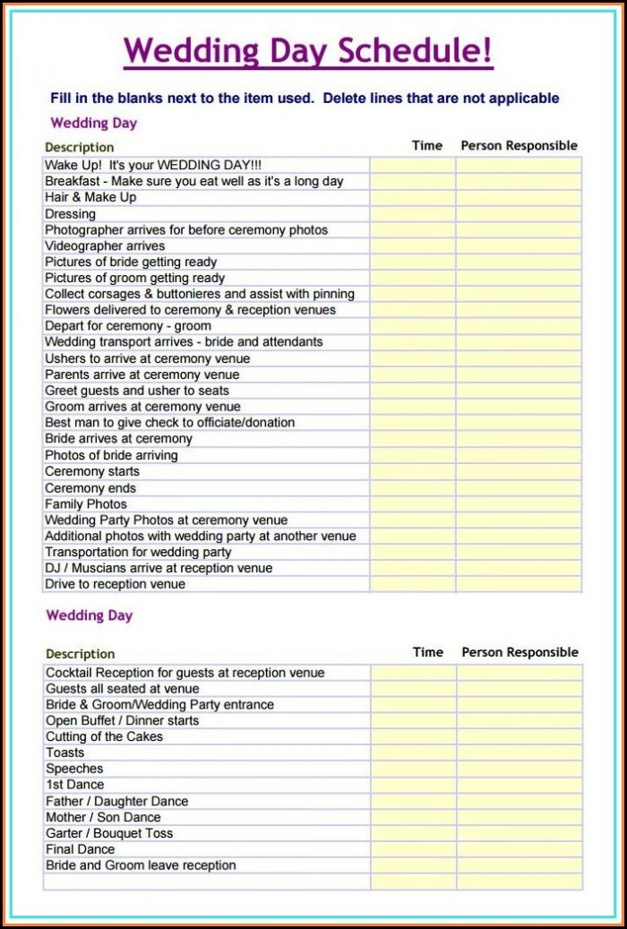 Free Wedding Itinerary Template For Bridal Party Free Wedding Itinerary Template For Bridal Party