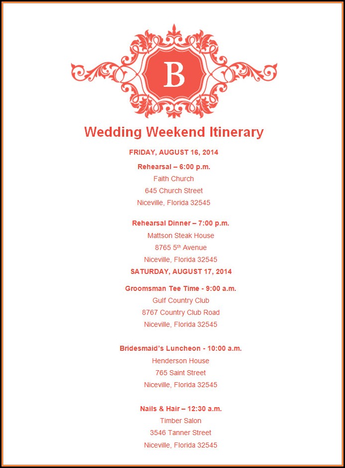Free Wedding Itinerary Template For Guests Free Wedding Itinerary Template For Guests