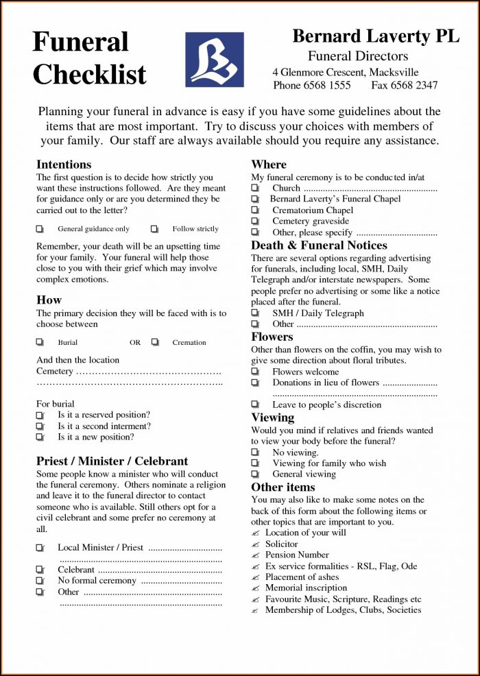 Funeral Checklist Template Australia Funeral Checklist Template Australia