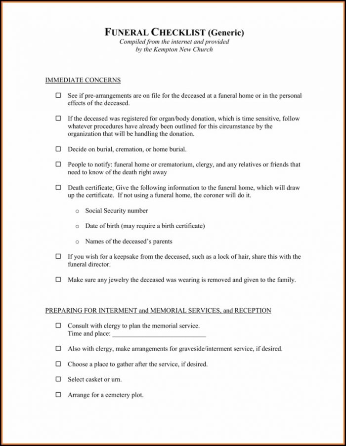Funeral Checklist Template Canada Funeral Checklist Template Canada