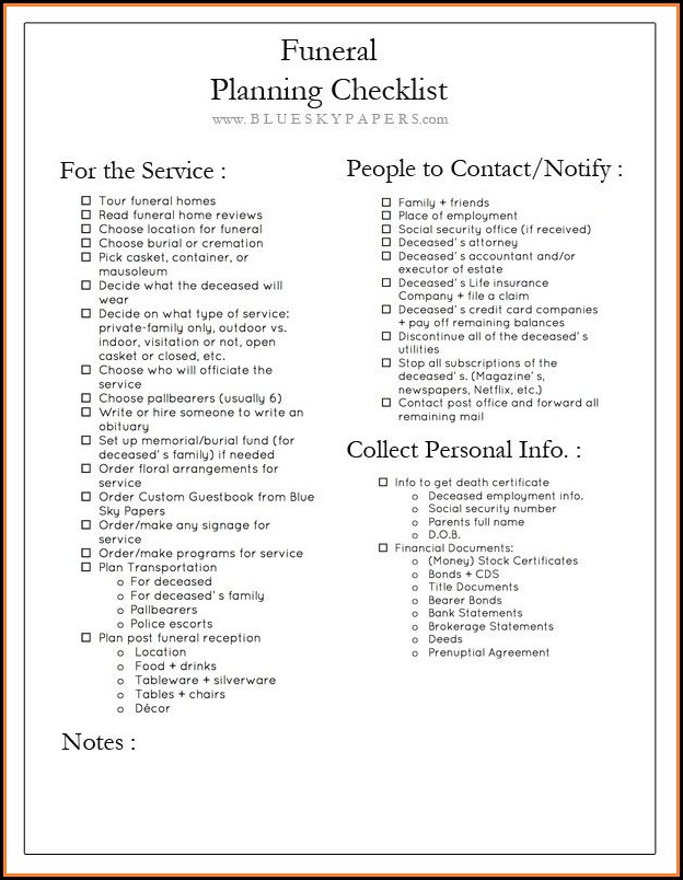 Funeral Checklist Template Funeral Checklist Template