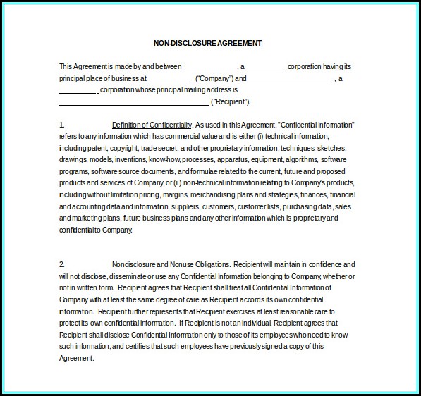 Non Disclosure Agreement Template Word Doc Non Disclosure Agreement Template Word Doc