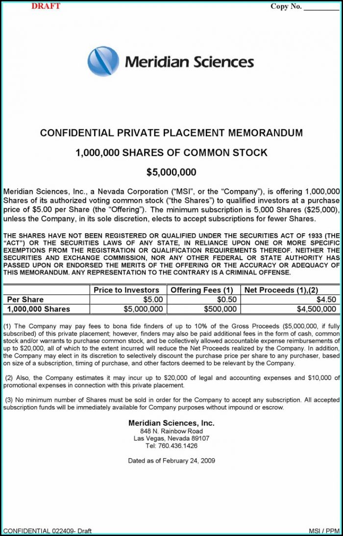 Private Placement Memorandum Format Private Placement Memorandum Format