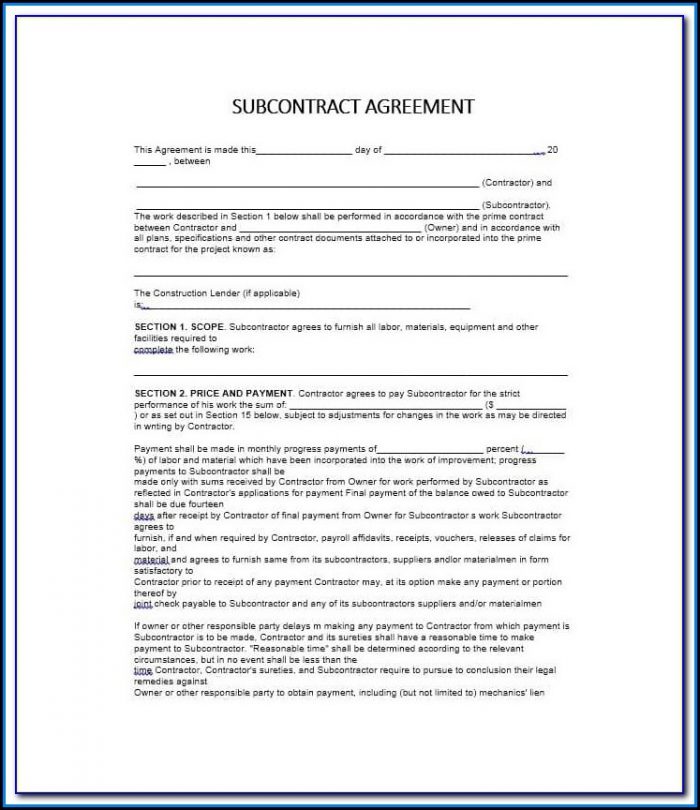 Standard Short Form Agreement Between Contractor And Subcontractor Standard Short Form Agreement Between Contractor And Subcontractor