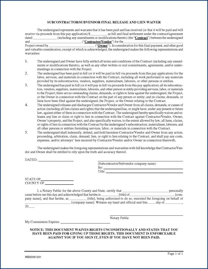 Subcontractor Lien Release Form Subcontractor Lien Release Form