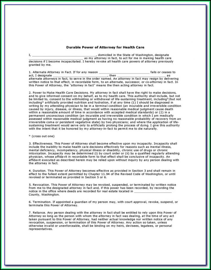 Durable Power Of Attorney For Health Care Washington State Form Durable Power Of Attorney For Health Care Washington State Form