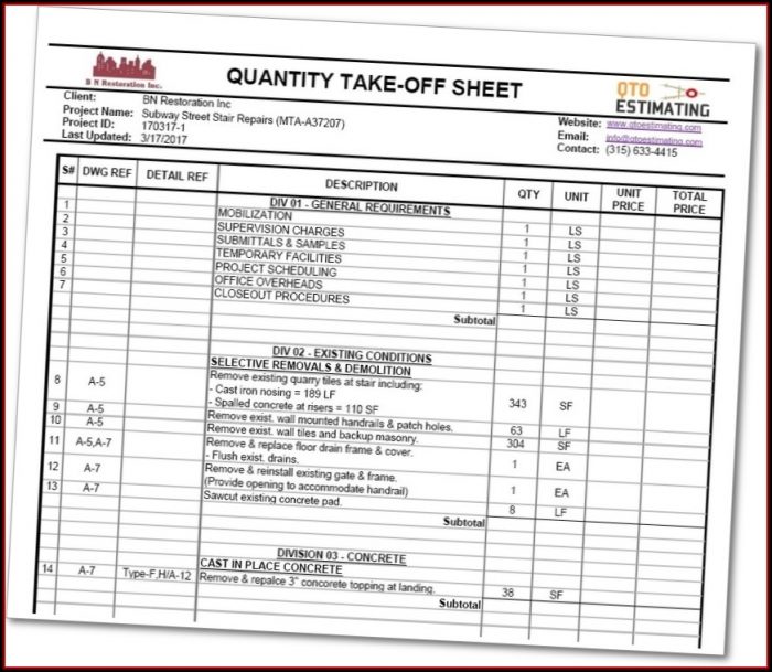 Construction Material Takeoff Excel Template Construction Material Takeoff Excel Template