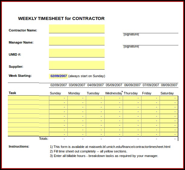 Contractor Timesheet Template Excel Contractor Timesheet Template Excel