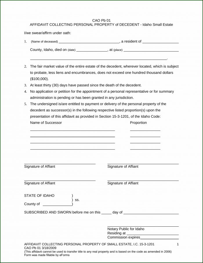 Free Small Estate Affidavit Form Idaho Free Small Estate Affidavit Form Idaho