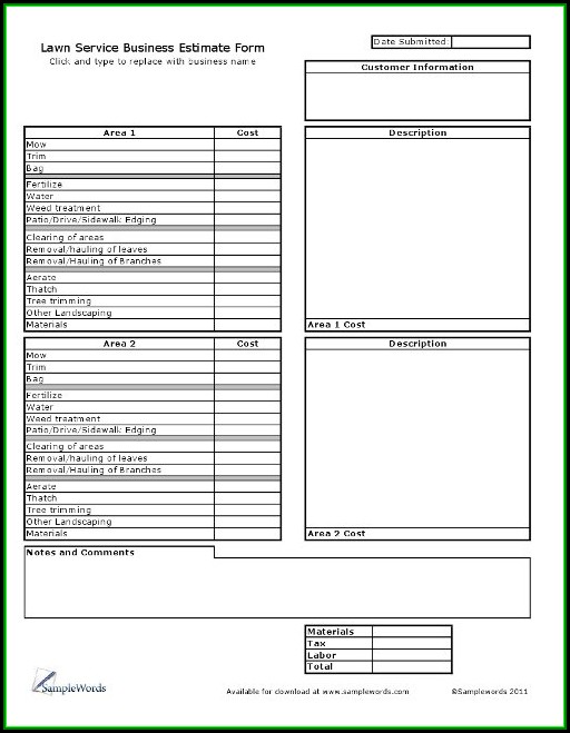 Lawn Service Business Estimate Form Lawn Service Business Estimate Form