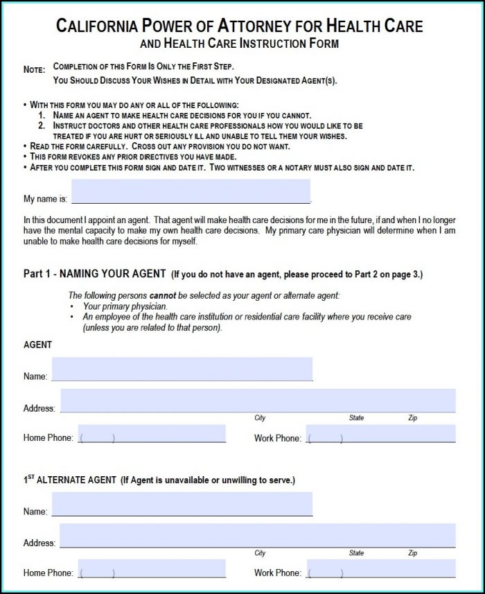 Medical Durable Power Of Attorney Form California Medical Durable Power Of Attorney Form California