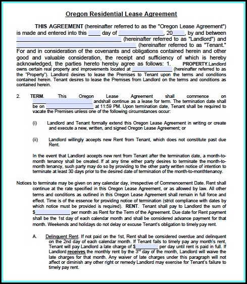 Oregon Rental Lease Agreement Form Oregon Rental Lease Agreement Form