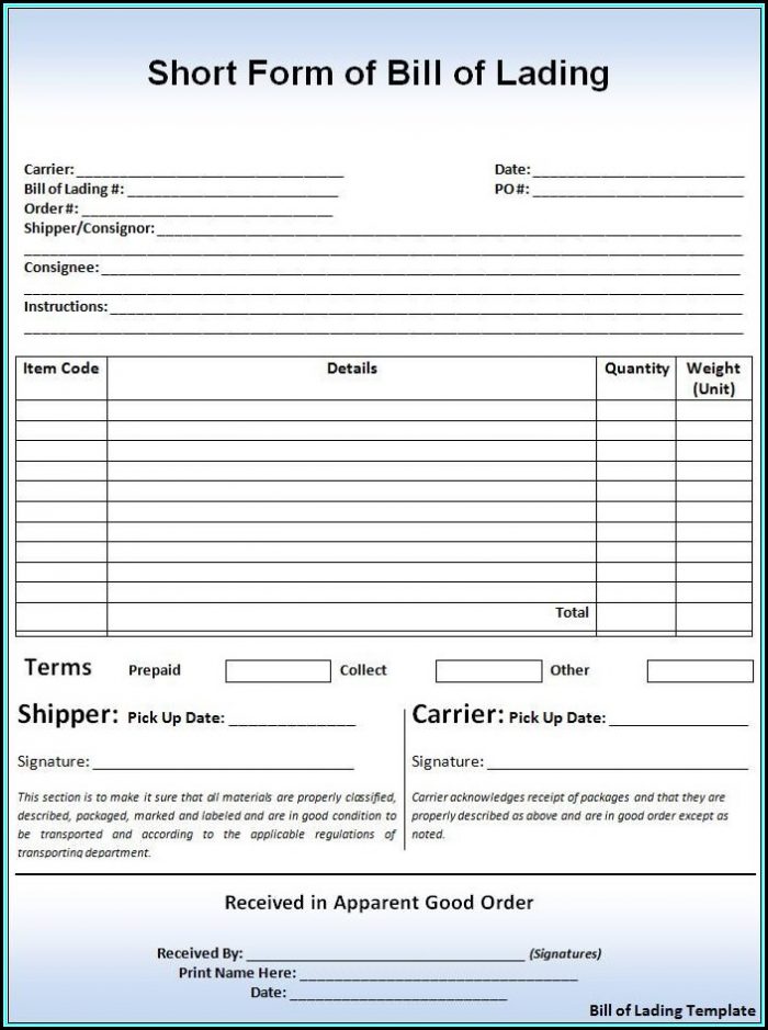 Printable Bill Of Lading Form Printable Bill Of Lading Form