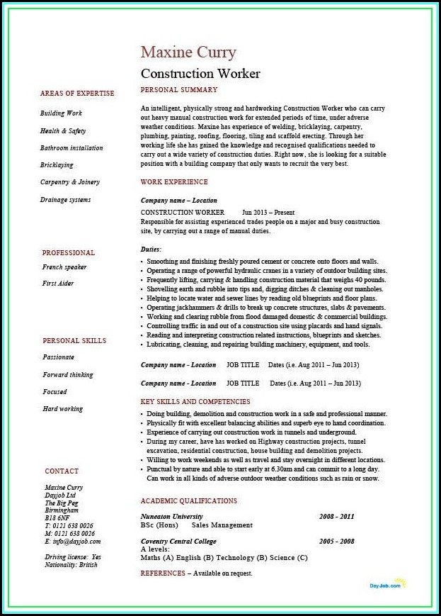 Resume Format Construction Worker Resume Format Construction Worker