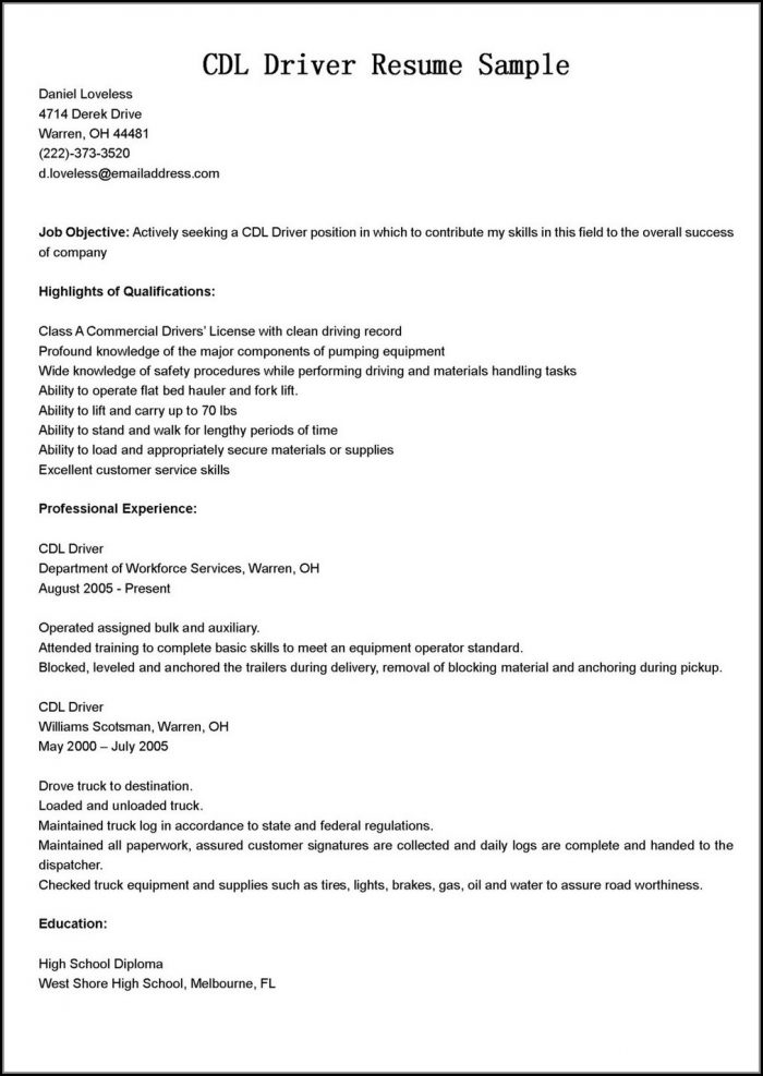 Sample Resume For Cdl Truck Drivers Sample Resume For Cdl Truck Drivers