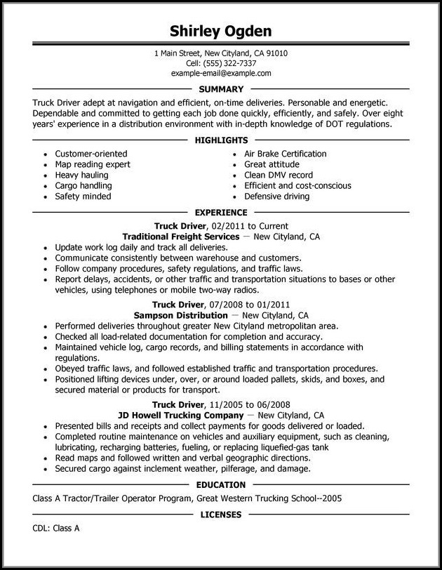 Sample Resumes For Truck Drivers Sample Resumes For Truck Drivers