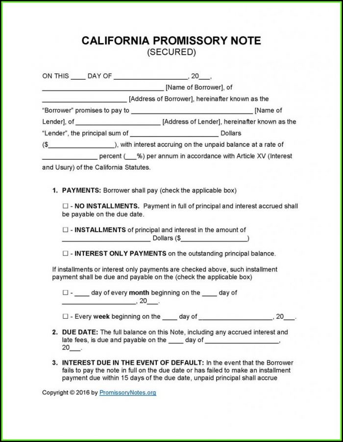 Secured Promissory Note Template California Secured Promissory Note Template California