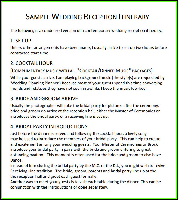 Wedding Reception Itinerary Sample Wedding Reception Itinerary Sample